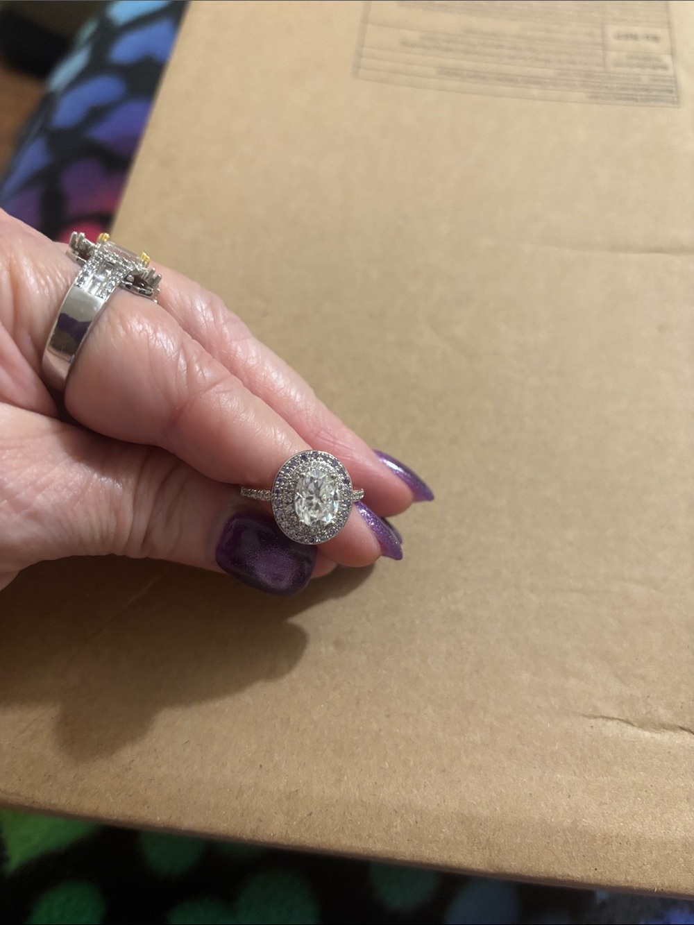 Silver Halo Oval Moissanite Diamond Ring